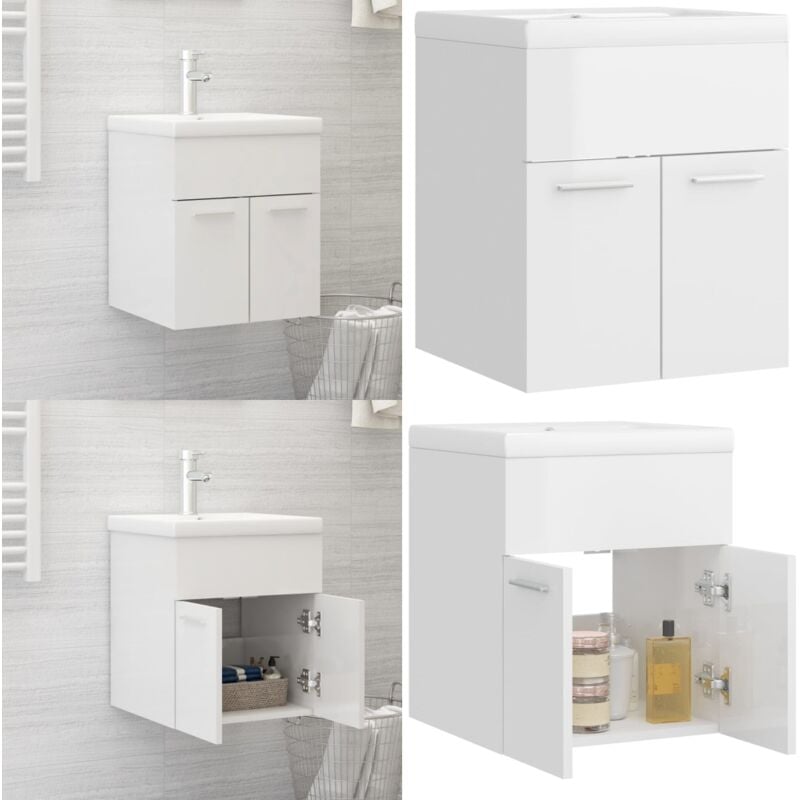 Vidaxl - Armoire d'évier avec lavabo intégré Blanc brillant Aggloméré - Meuble De Salle De Bain - Meuble Vasque - Armoire D'évier - Lavabo Intégré