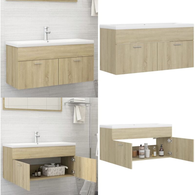 Armoire d'évier avec lavabo intégré Chêne sonoma Aggloméré - meuble lavabo avec vasque - meuble vasque avec vasques - Home & Living - Brun