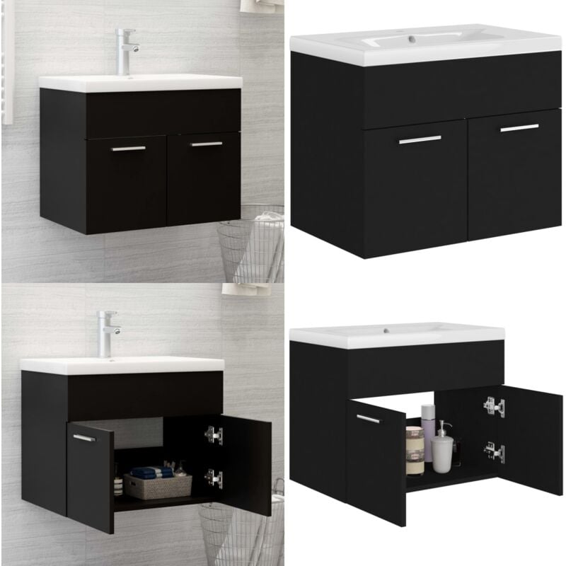 Armoire d'évier avec lavabo intégré Noir Aggloméré - Meuble De Salle De Bain - Meuble Vasque - Armoire D'évier - Lavabo Intégré - Salle De Bain