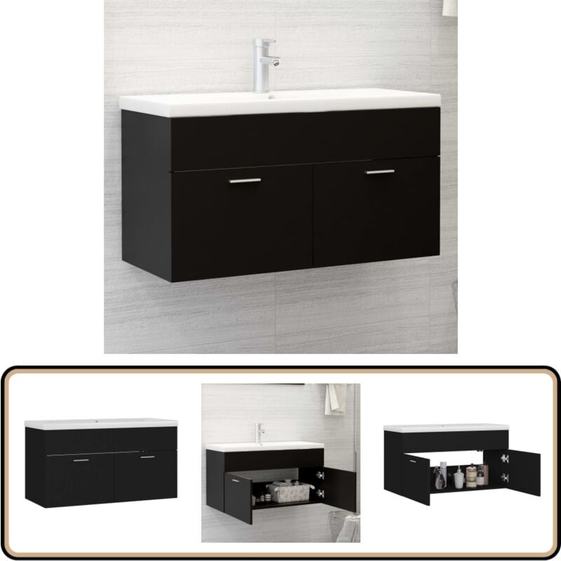 Armoire d'évier avec lavabo intégré Noir Bois d'ingénierie - Meuble De Salle De Bain - Vasque Intégrée - Armoire D'évier - Lavabo Noir - Rangement