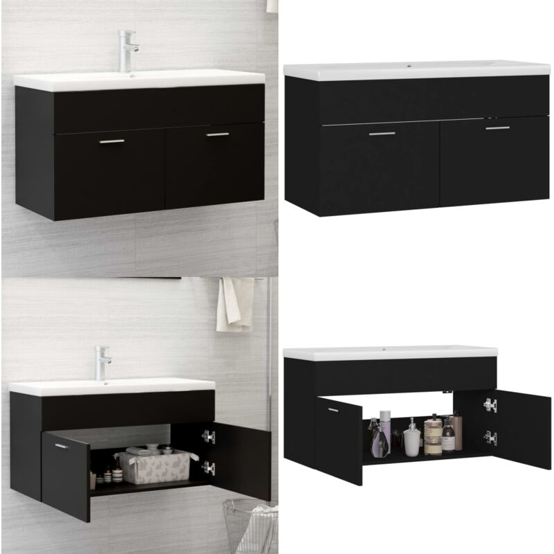 Armoire d'évier avec lavabo intégré Noir Bois d'ingénierie - Meuble De Salle De Bain - Vasque Intégrée - Armoire D'évier - Lavabo Noir - Rangement