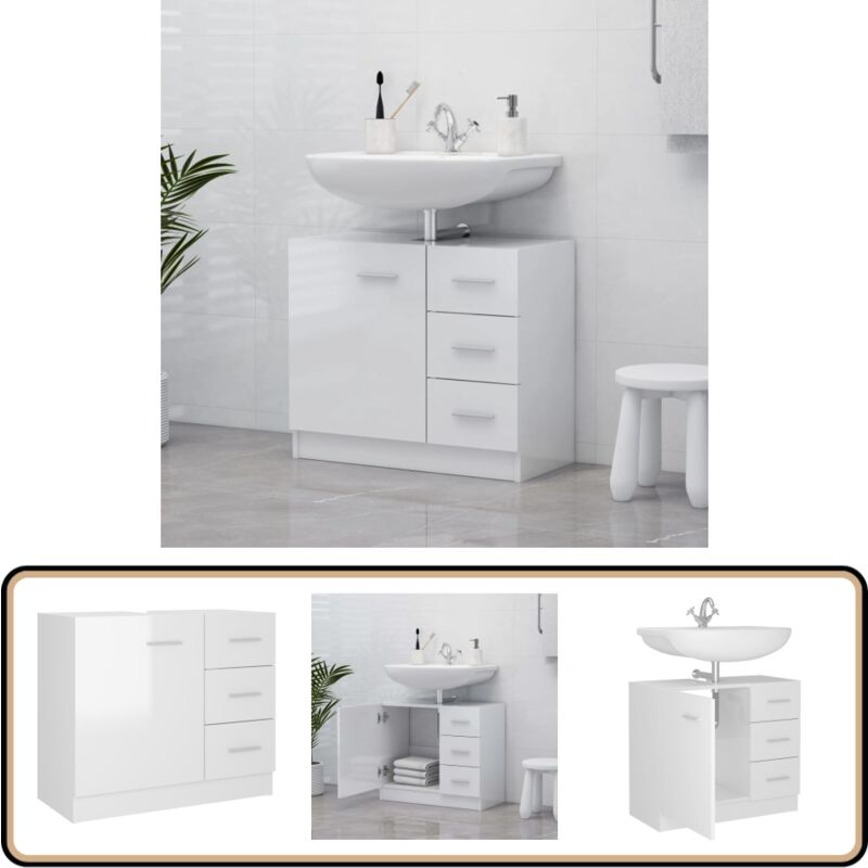 Armoire d'évier Blanc brillant 63x30x54 cm Bois d'ingénierie - Armoire De Salle De Bain - Meuble Salle De Bain - Rangement Salle De Bain - Armoire