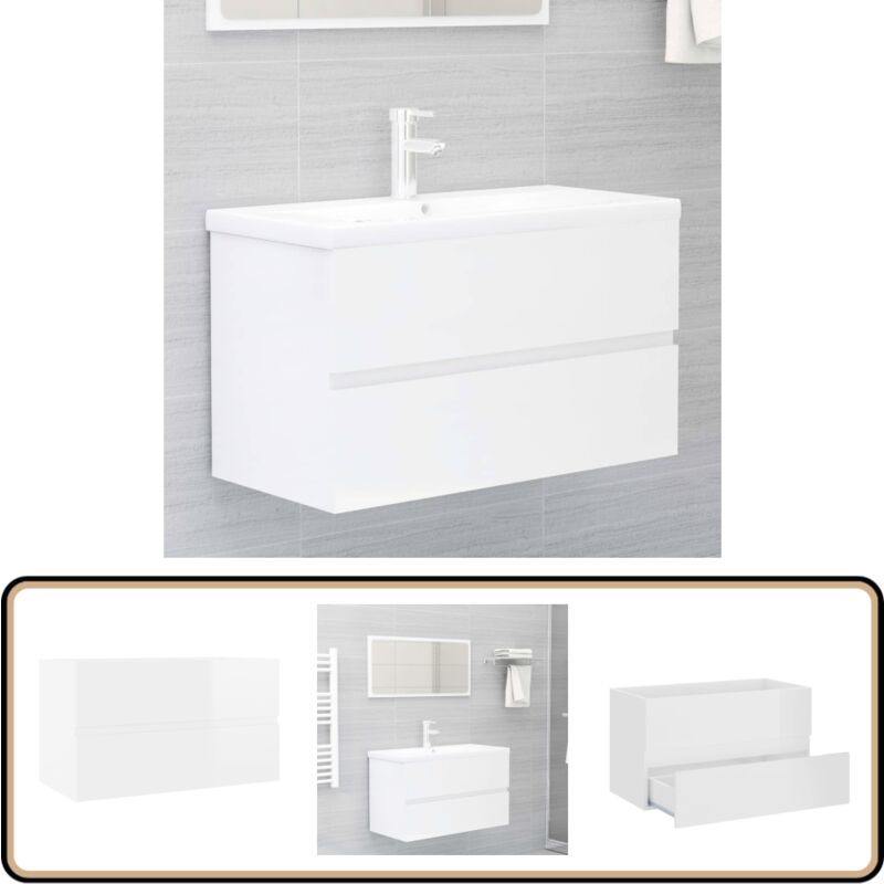 Armoire d'évier Blanc brillant 80x38,5x45 cm Bois d'ingénierie - Meuble Salle De Bain - Armoire Lavabo - Meuble Vasque - Rangement Salle De Bain