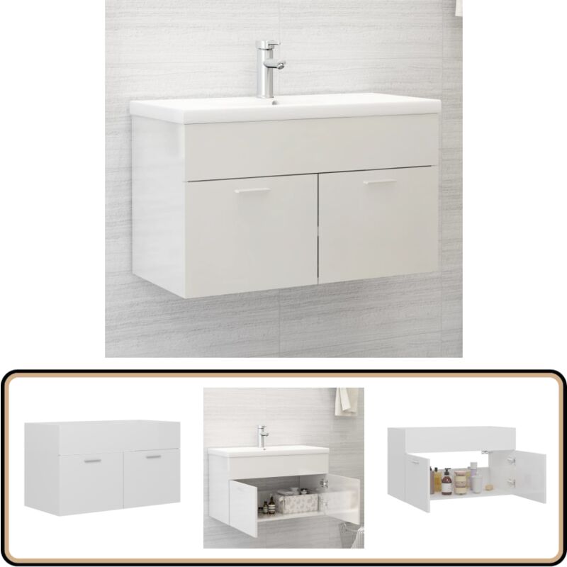 Armoire d'évier Blanc brillant 80x38,5x46 cm Bois d'ingénierie - Armoire De Salle De Bain - Meuble Salle De Bain - Rangement Salle De Bain - Armoire