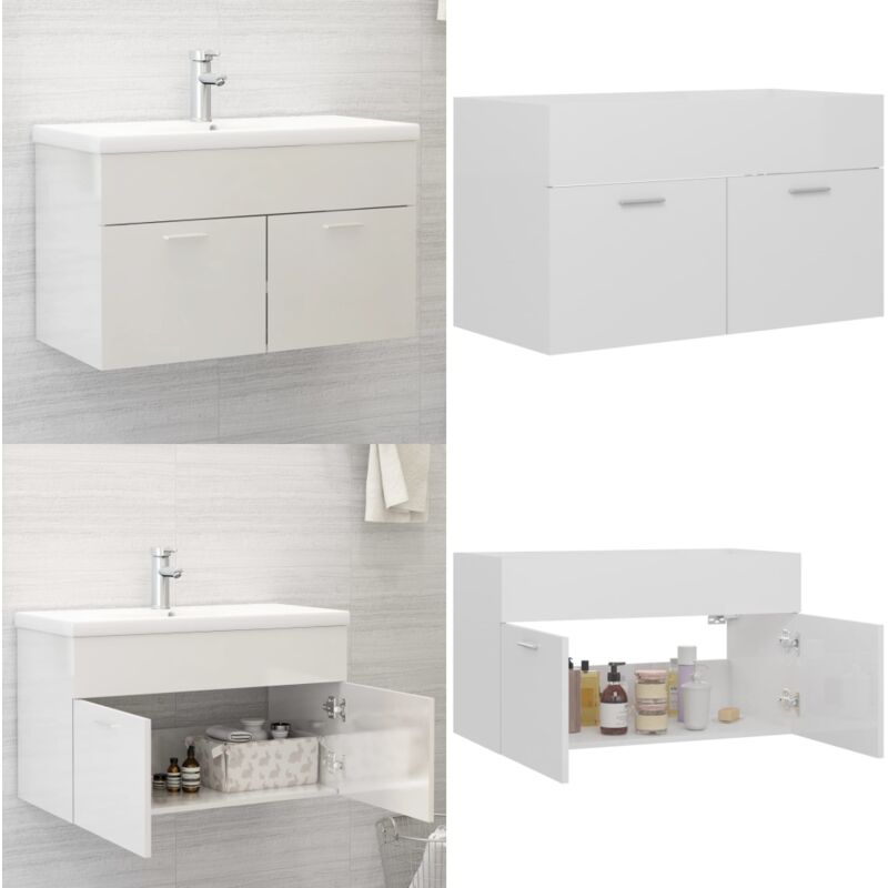 Armoire d'évier Blanc brillant 80x38,5x46 cm Bois d'ingénierie - Armoire De Salle De Bain - Meuble Salle De Bain - Rangement Salle De Bain - Armoire