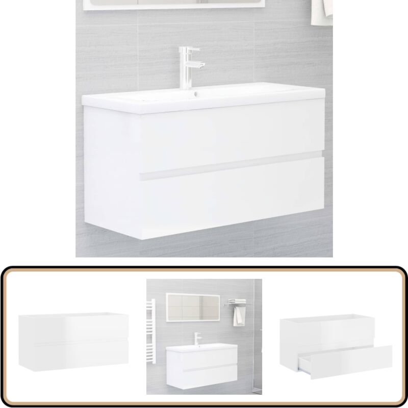 Armoire d'évier Blanc brillant 90x38,5x45 cm Bois d'ingénierie - Meuble De Salle De Bain - Armoire De Salle De Bain - Meuble Lavabo - Rangement Salle