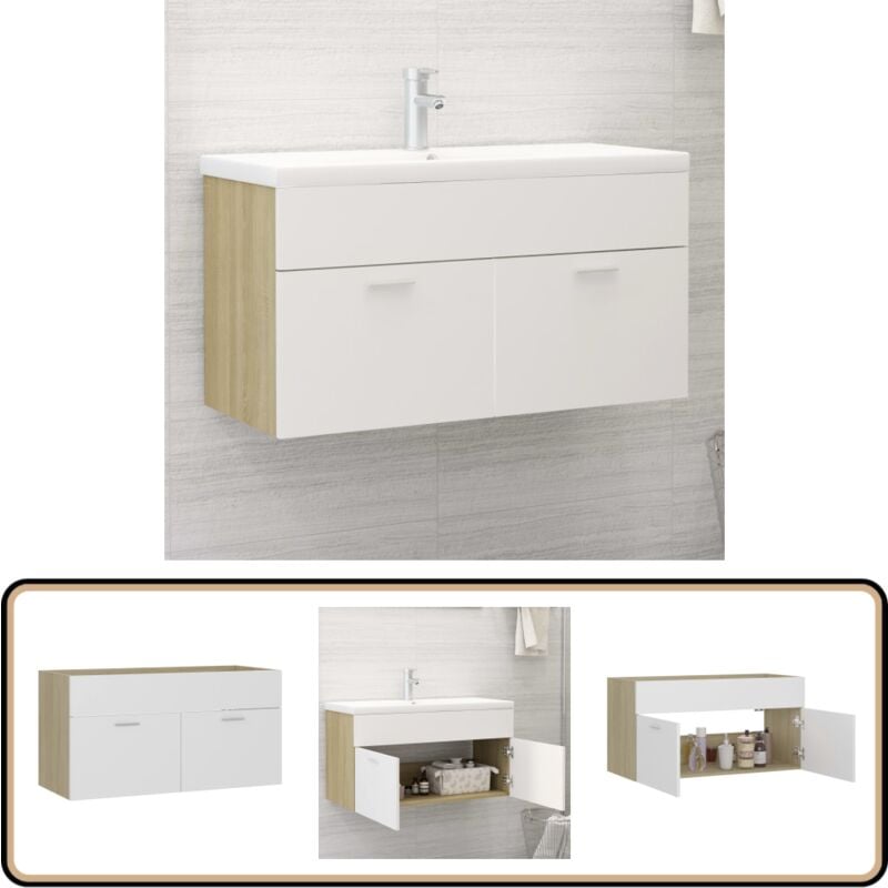 Vidaxl - Armoire d'évier Blanc et chêne sonoma Bois d'ingénierie - Meuble Salle De Bain - Armoire Lavabo - Meuble Vasque - Rangement Salle De Bain