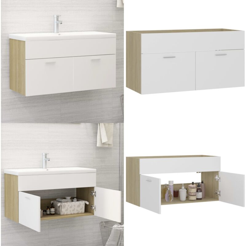 Armoire d'évier Blanc et chêne sonoma Bois d’ingénierie - Meuble Salle De Bain - Armoire Lavabo - Meuble Vasque - Rangement Salle De Bain - Armoire