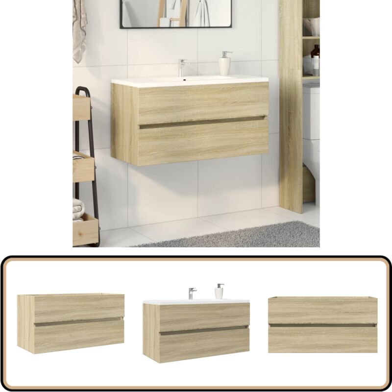 Armoire d'évier Chêne sonoma 90x38,5x45 cm Aggloméré - Meuble Salle De Bain - Armoire Salle De Bain - Rangement Salle De Bain - Meuble Vasque