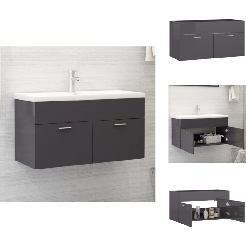 Armoire d'évier Gris brillant 90x38,5x46 cm Bois d'ingénierie - Meuble De Salle De Bain - Armoire Lavabo - Meuble Vasque - Rangement Salle De Bain
