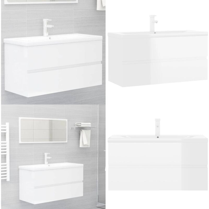 Armoire d'évier lavabo intégré blanc brillant bois d'ingénierie - Meuble De Salle De Bain - Armoire De Salle De Bain - Lavabo Intégré - Robinet