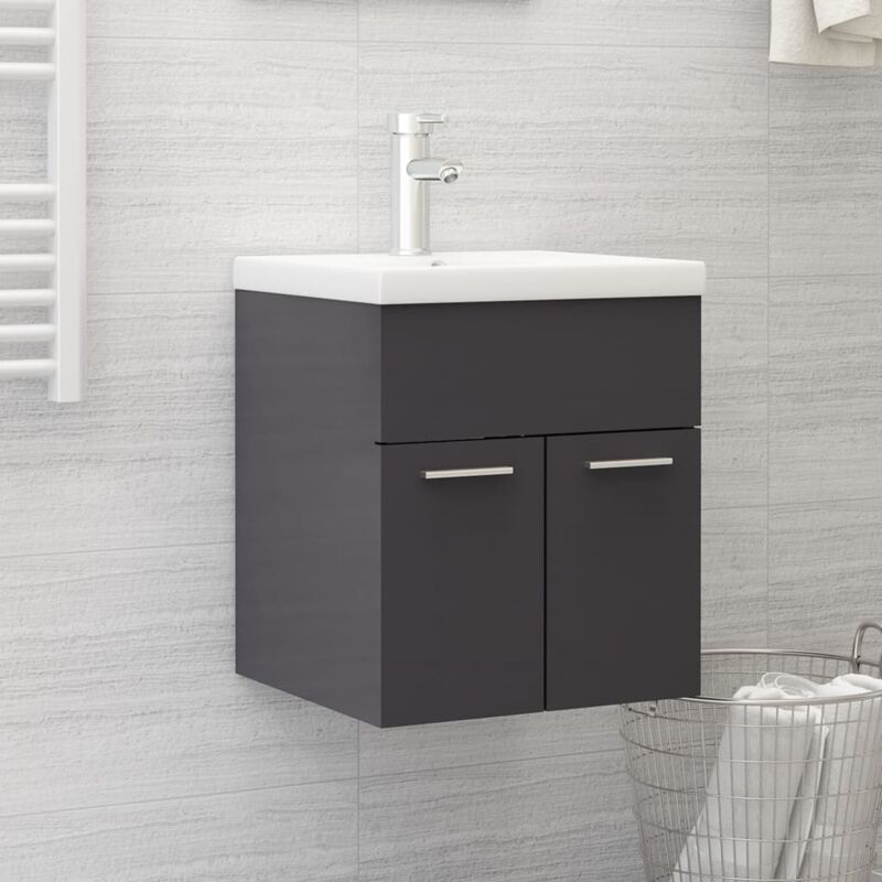 Armoire d'évier lavabo,Meuble de rangement intégré gris brillant bois d'ingénierie CFW772536