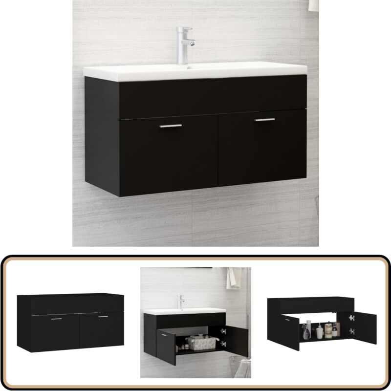 Armoire d'évier Noir 90x38,5x46 cm Bois d'ingénierie - Armoire De Salle De Bain - Meuble Salle De Bain - Rangement Salle De Bain - Armoire Lavabo