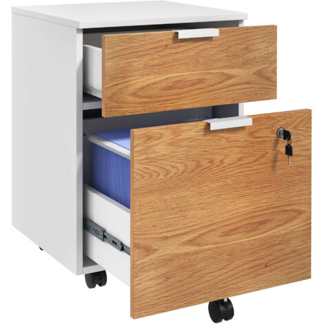 Armoire dossiers roues 2 tiroirs barre suspendue dossiers a4 serrure lettres, 42x40x60 cm, blanc/naturel