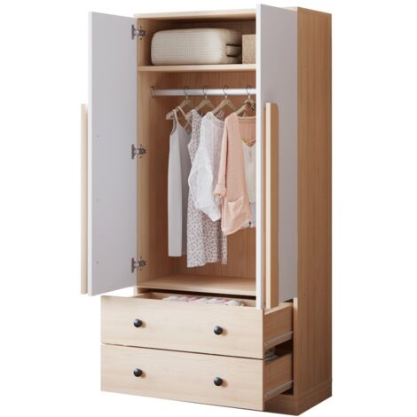 Armoire double porte avec tiroirs, coloris bois/blanc, rangement pratique pour chambre ou salon (70x40x170cm)