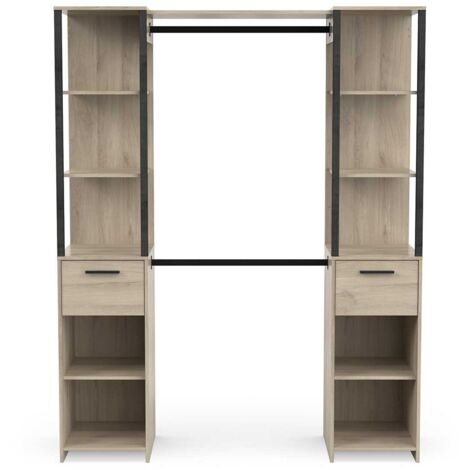 Armoire dressing 2 colonnes 2 tiroirs couleur chêne / noir mat - Largeur 159,8 x Profondeur 49,5 x Hauteur 200,3 cm