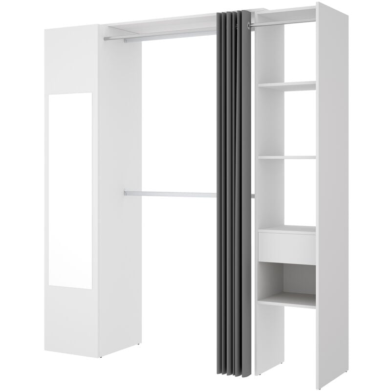 Armoire dressing avec 1 colonne + miroir + rideau coloris blanc - Longueur 177 x Profondeur 52 x Hauteur 205 cm