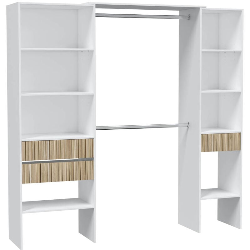 Pegane - Armoire, dressing avec 3 tiroirs coloris blanc artic, naturel - longueur 190 x hauteur 187 x profondeur 40 cm