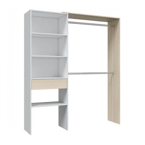 Armoire dressing avec étagère de rangement + 2 penderies + 1 tiroir coloris Blanc/chêne - Longueur 158x Hauteur 187x Profondeur 40cm