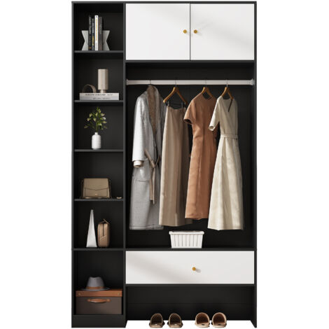 Armoire Dressing Blanc and Noir 80x40x180cm, 1 Porte Miroir, 2 Tiroirs 4 Étagères Chambre