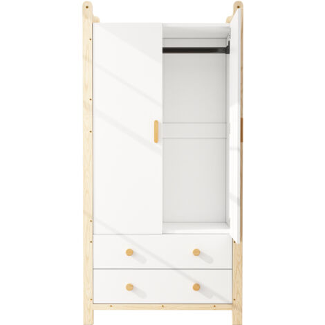 Armoire Dressing Blanc and Pin 90x45x180cm, 2 Portes avec Penderie and 2 Tiroirs Chambre