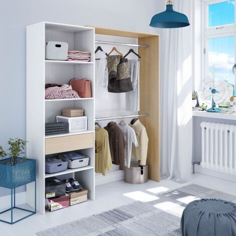 Armoire dressing blanc et chêne 158x187x40 cm – Panneau mélaminé 15 mm – 4 étagères et 2 barres de penderie – Montage simple – Fanmuebles