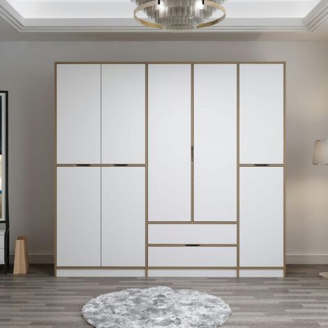 Armoire dressing chambre effet bois, 8 portes blanches BYRON