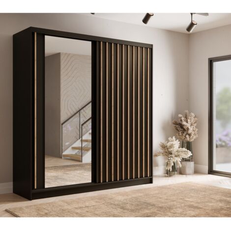 Armoire dressing coulissant noir et bois 205cm CELIA