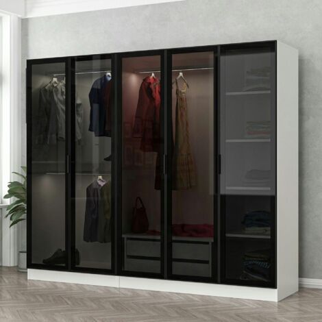 Armoire dressing design blanc 5 portes verre H 210 cm BYRON