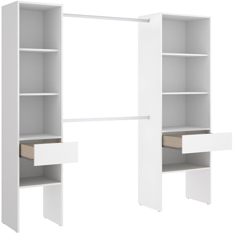 Pegane - Armoire dressing en bois mélaminé avec 2 colonnes et 2 tiroirs coloris blanc - Longueur 160 x Profondeur 50 x Hauteur 185 cm