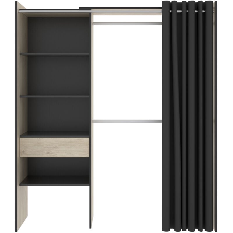 Armoire dressing avec penderies, 1 tiroir et 1 rideau coloris chêne naturel, graphite - Longueur 160 x Profondeur 50 x Hauteur 205 cm