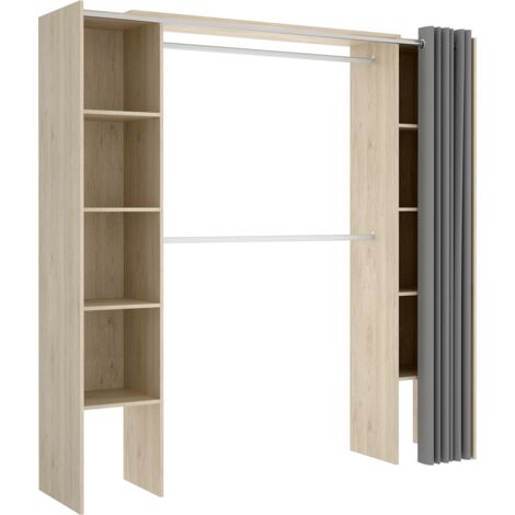Armoire dressing extensible coloris chêne naturel avec rideau  - Longueur 180 x Profondeur 50 x Hauteur 205 cm