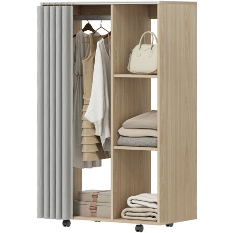Armoire dressing mobile 4 roues, penderie avec tringle et étagères 80x40x128cm, effet bois naturel