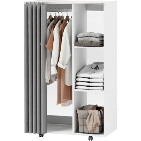 Armoire dressing mobile blanche 4 roues avec barre de suspension et étagères ouvertes