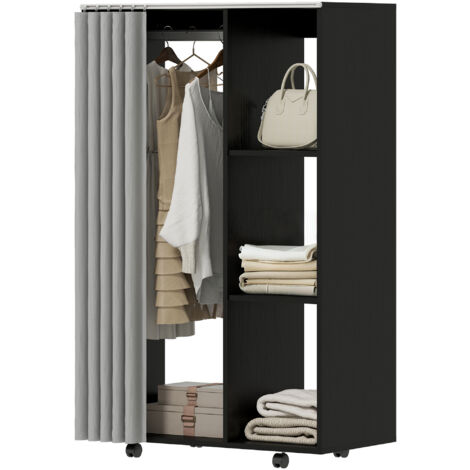 Armoire dressing mobile noire 4 roues, tringle et étagères ouvertes, 80x40x128 cm