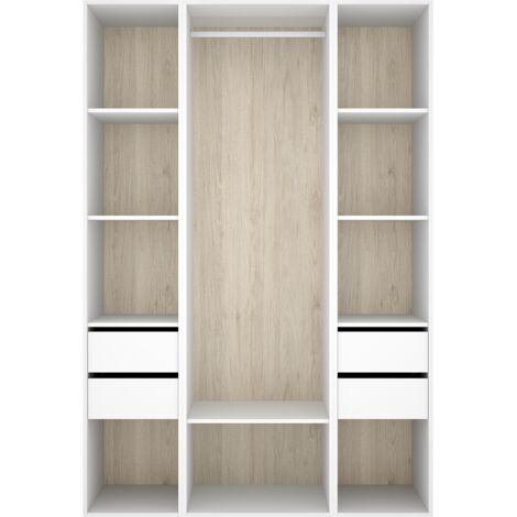Armoire dressing ouverte avec fond arrière réversible, penderie avec tringle, étagères et 4 tiroirs, coloris blanc/naturel - Hauteur 205 x Longueur 137.5 x Profondeur 45 cm