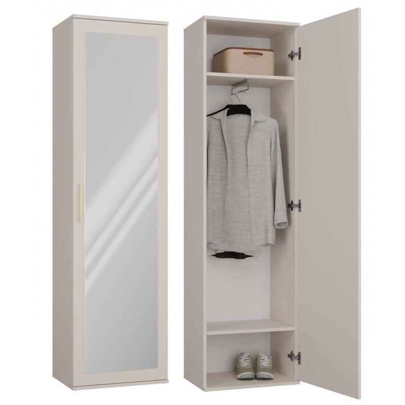 ATARA - Armoire d'entrée avec grand miroir - 180x50x35 cm - 2 étagères + penderie - Meuble d'entrée - Beige
