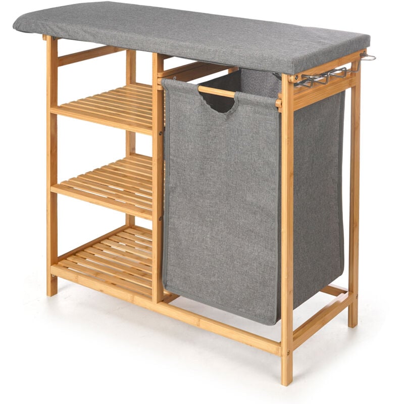 Armoire en bambou avec planche à repasser et panier à linge bamy, 111 x 34 x 82 cm