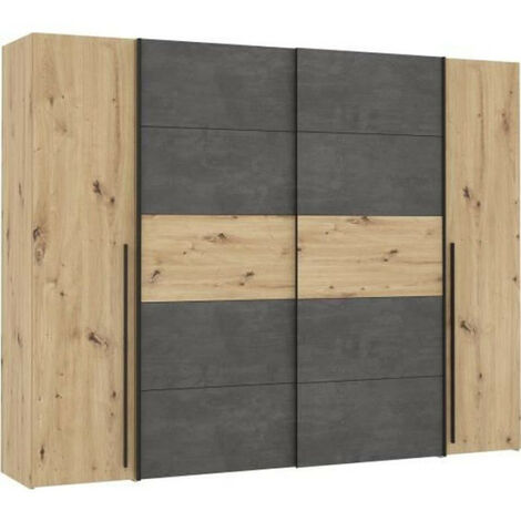 Armoire en chêne artisan et béton gris – 2 portes battantes et 2 portes coulissantes – Dimensions L 270,3 x P 61,2 x H 210 cm