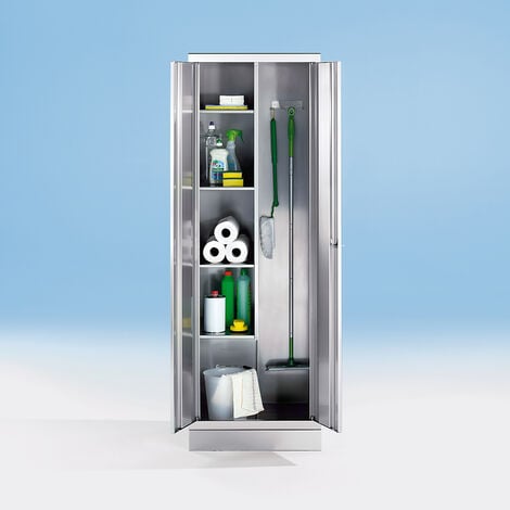 Armoire en inox - armoire pour produits ménagers - 4 tablettes à gauche, 2 porte-balais à droite - Coloris corps: acier inoxydable