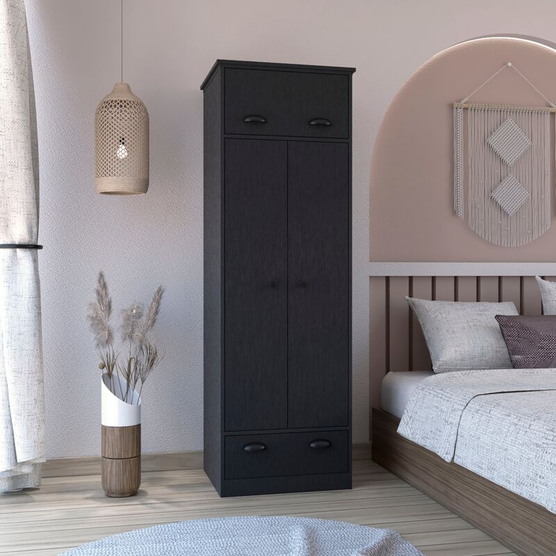 Tuhome Concept - Armoire en mélamine falkland avec 2 portes, 2 étagères, 1 tringle à vêtements, 1 meuble supérieur et 1 tiroir, noir, 179 cm x 59.2