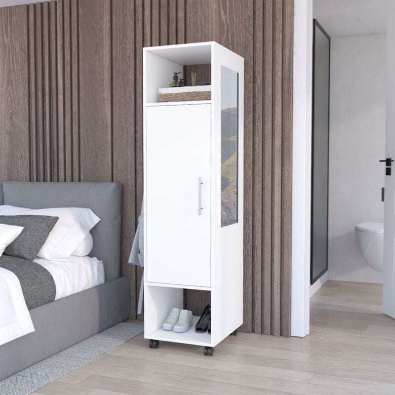 Tuhome Concept - Armoire en mélamine Kronospan avec une porte, deux étagères, barre de penderie et miroir inclus, Blanc 160 x 40 x 48 cm