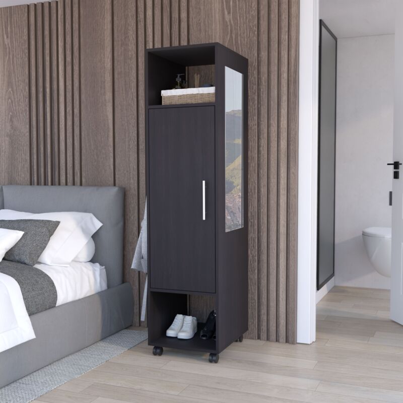 Tuhome Concept - Armoire en mélamine Kronospan avec une porte, deux étagères, barre de penderie et miroir inclus, Noir 160 x 40 x 48 cm