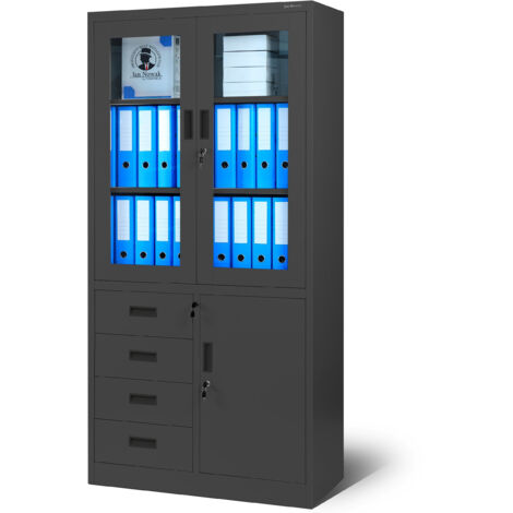 Armoire en métal vitrée avec tiroirs modèle WIOLA, 900 x 1850 x 400 mm, anthracite