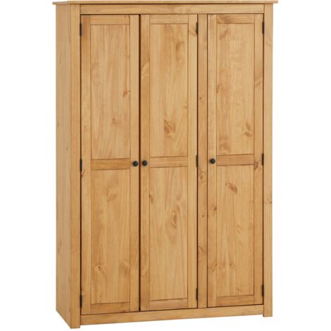Armoire en pin massif 3 portes – Dimensions 175 x 118 x 50 cm – Style naturel – Tringle et 4 étagères incluses – Caro-Möbel