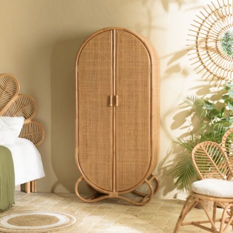 Armoire en rotin 2 portes en cannage brun miel – Dimensions 83 x 48 x 183 cm – Meuble monté pour élégance naturelle – Macabane