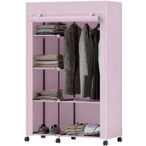Armoire en tissu à roulettes, penderie portable avec 6 étagères et 1 tringle pour chambre, 103 x 43 x 162,5 cm, rose