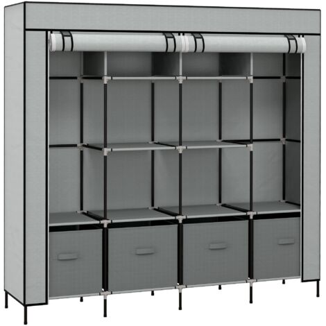 Armoire en tissu Dressing portable avec 10 compartiments, 2 rampes suspendues et 4 tiroirs 166x42,5x169,5 cm Gris