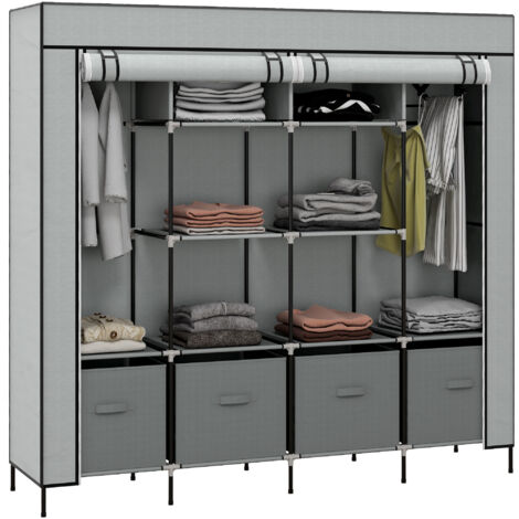 Armoire en tissu grise avec portes, 2 tringles, 10 compartiments, penderie pratique pour chambre ou dressing