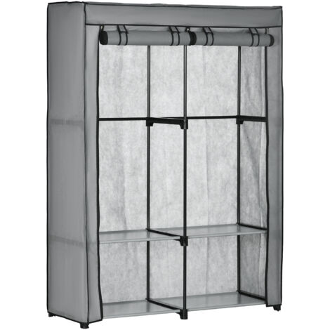 Armoire en Tissu Pliable Gris Clair, Penderies 4 Compartiments Fermeture Éclair Dressing